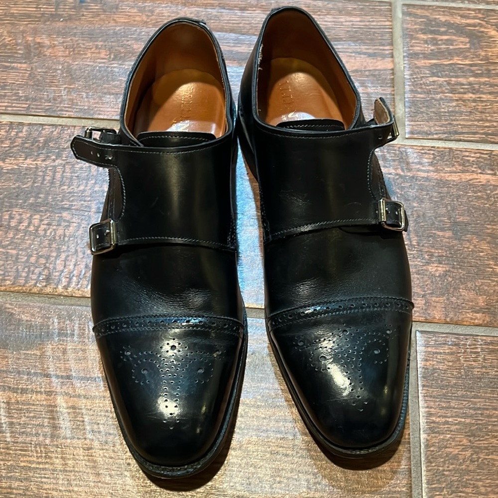 Allen Edmonds double monk strap shoes in black calf.